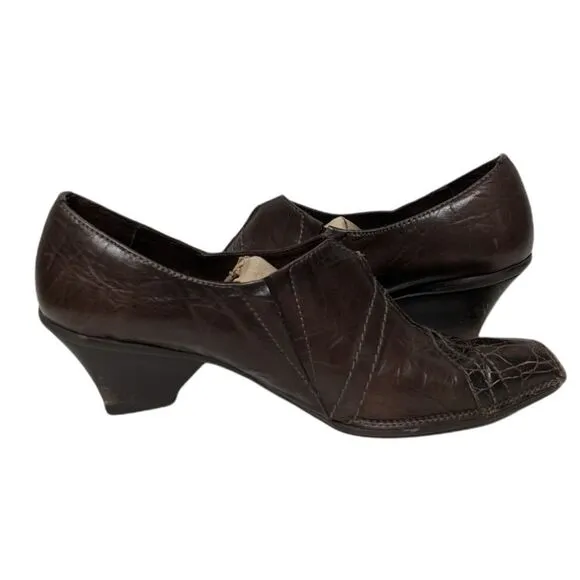 HISPANITAS Brown Leather Croc Embossed Heeled Loafers 7