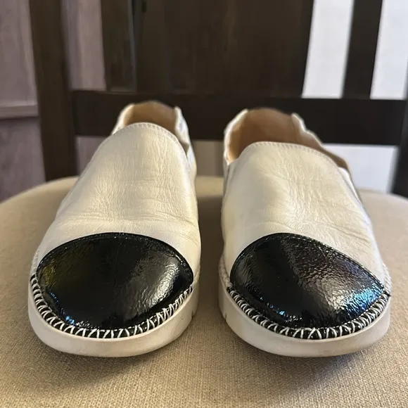 Hispanitas Women’s Leather Patent Slip On Flats White Black Size 6.5 (37.5)