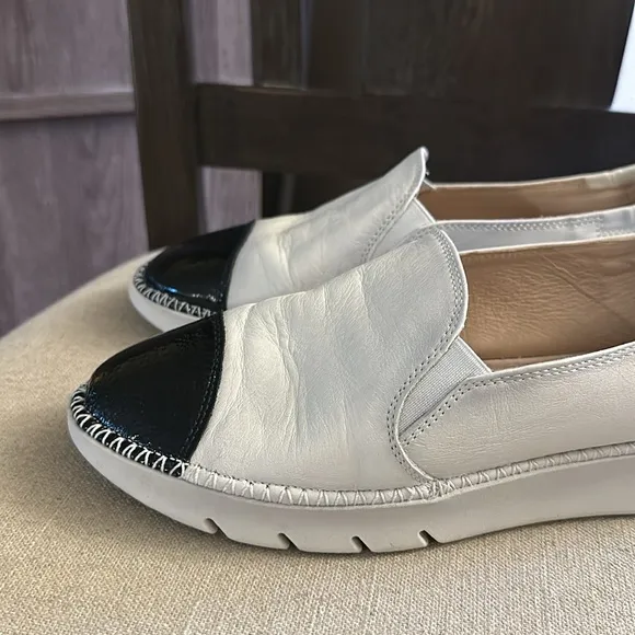 Hispanitas Women’s Leather Patent Slip On Flats White Black Size 6.5 (37.5)