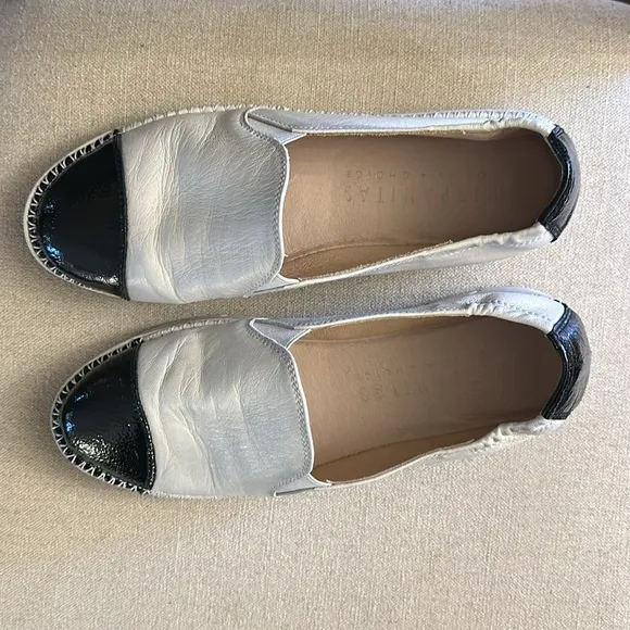 Hispanitas Women’s Leather Patent Slip On Flats White Black Size 6.5 (37.5)