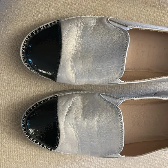 Hispanitas Women’s Leather Patent Slip On Flats White Black Size 6.5 (37.5)
