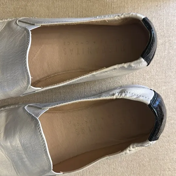 Hispanitas Women’s Leather Patent Slip On Flats White Black Size 6.5 (37.5)