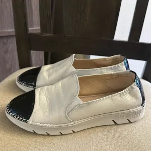 Hispanitas Women’s Leather Patent Slip On Flats White Black Size 6.5 (37.5)