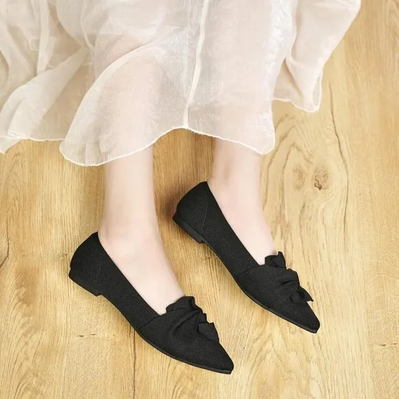 Hiulycence Flat Shoes Women Black Knit Pointed Toe Ballet Bow Comfortable Shoes