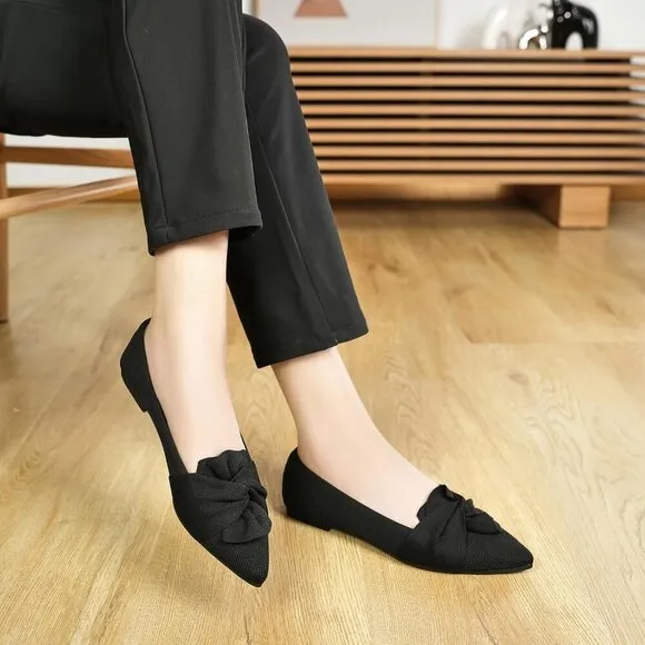 Hiulycence Flat Shoes Women Black Knit Pointed Toe Ballet Bow Comfortable Shoes
