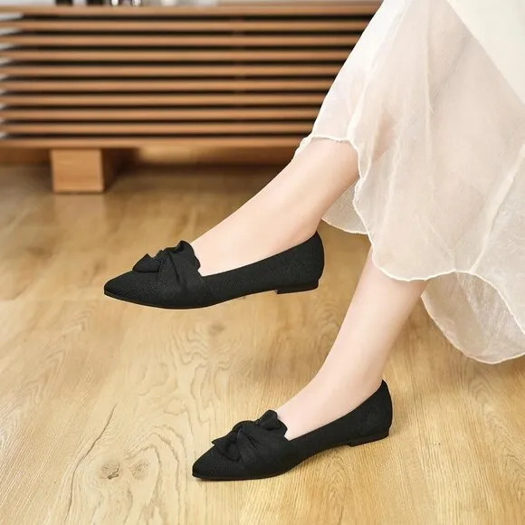 Hiulycence Flat Shoes Women Black Knit Pointed Toe Ballet Bow Comfortable Shoes