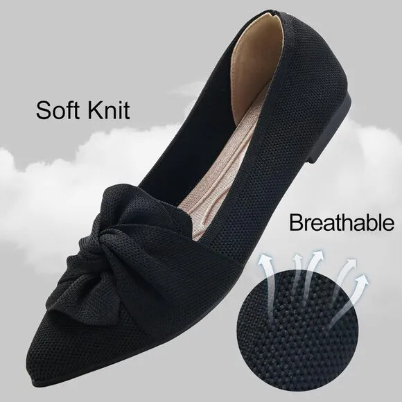 Hiulycence Flat Shoes Women Black Knit Pointed Toe Ballet Bow Comfortable Shoes