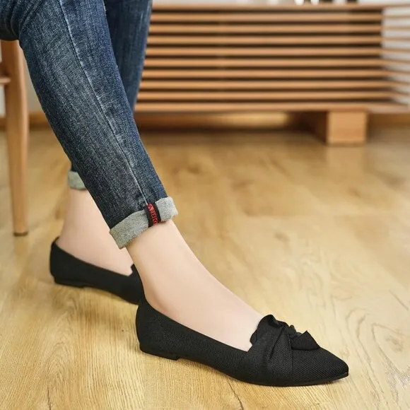 Hiulycence Flat Shoes Women Black Knit Pointed Toe Ballet Bow Comfortable Shoes