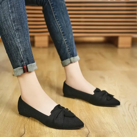 Hiulycence Flat Shoes Women Black Knit Pointed Toe Ballet Bow Comfortable Shoes