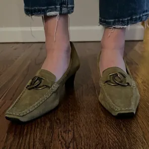 Hogl Vintage Suede Loafers in Olive Green Low Heel Women buckle Shoes Sz 9