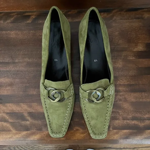 Hogl Vintage Suede Loafers in Olive Green Low Heel Women buckle Shoes Sz 9