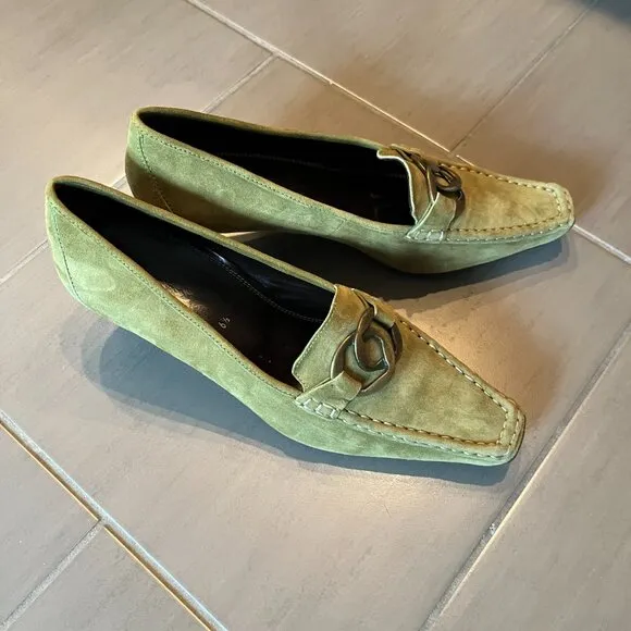 Hogl Vintage Suede Loafers in Olive Green Low Heel Women buckle Shoes Sz 9
