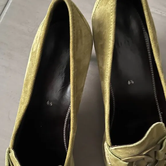 Hogl Vintage Suede Loafers in Olive Green Low Heel Women buckle Shoes Sz 9