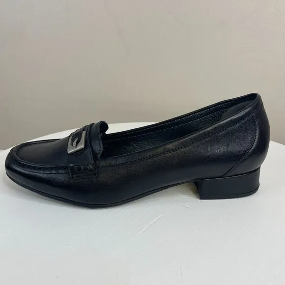 Hotter Buckle Detail Preppy Leather Shoes Women 9.5 Black Comfort Loafers Career