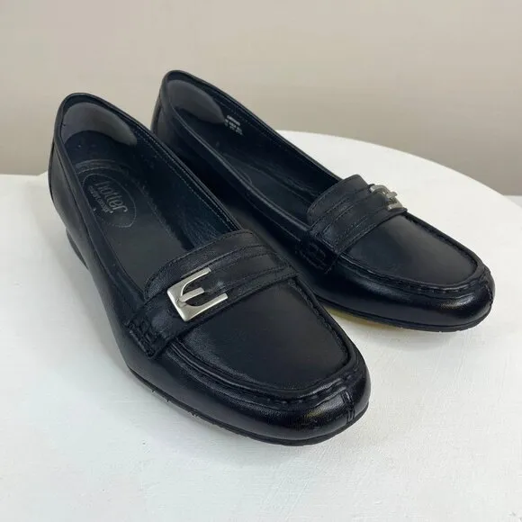 Hotter Buckle Detail Preppy Leather Shoes Women 9.5 Black Comfort Loafers Career