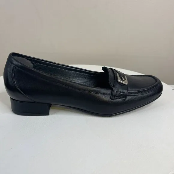 Hotter Buckle Detail Preppy Leather Shoes Women 9.5 Black Comfort Loafers Career