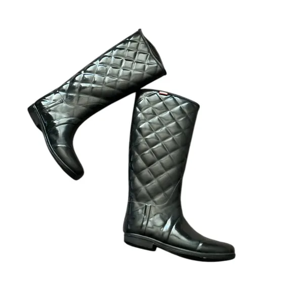 HUNTER Quilted Savoy Tall Pull On Black Refined Gloss Rain Boots