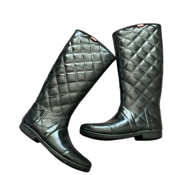 HUNTER Quilted Savoy Tall Pull On Black Refined Gloss Rain Boots