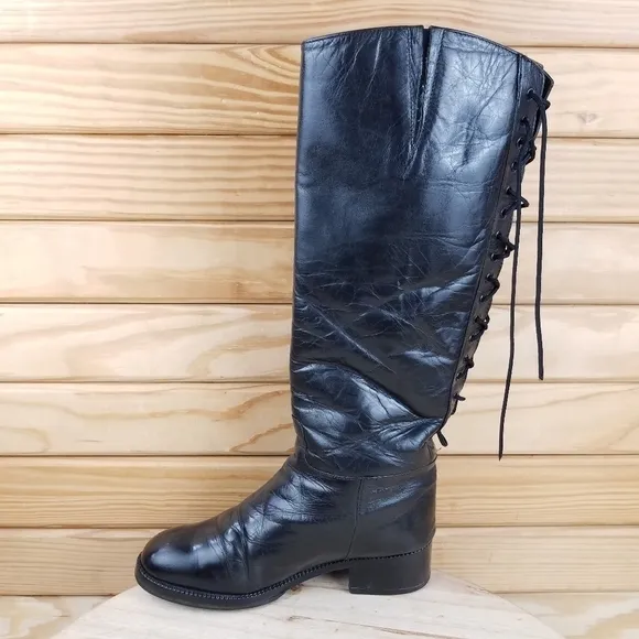 Italian Genuine All Leather Black Riding Boots Back Lace-up Women's Size 6.5