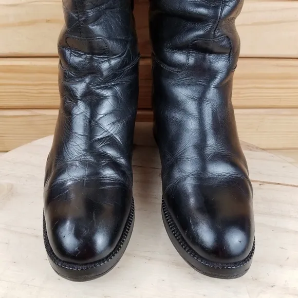 Italian Genuine All Leather Black Riding Boots Back Lace-up Women's Size 6.5
