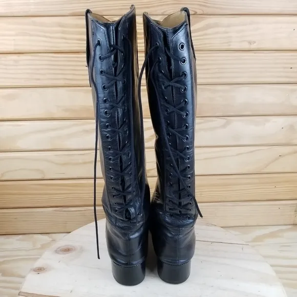 Italian Genuine All Leather Black Riding Boots Back Lace-up Women's Size 6.5