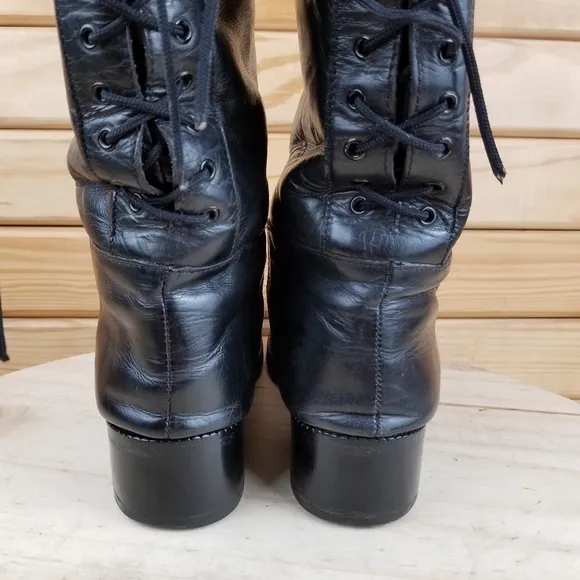 Italian Genuine All Leather Black Riding Boots Back Lace-up Women's Size 6.5