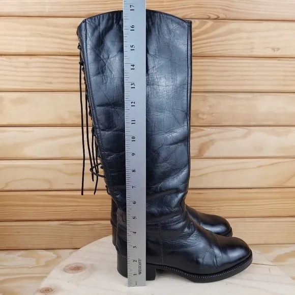 Italian Genuine All Leather Black Riding Boots Back Lace-up Women's Size 6.5
