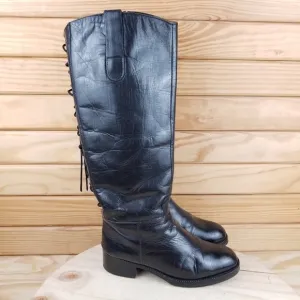 Italian Genuine All Leather Black Riding Boots Back Lace-up Women's Size 6.5