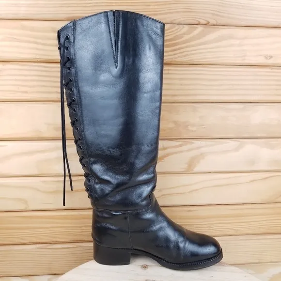 Italian Genuine All Leather Black Riding Boots Back Lace-up Women's Size 6.5