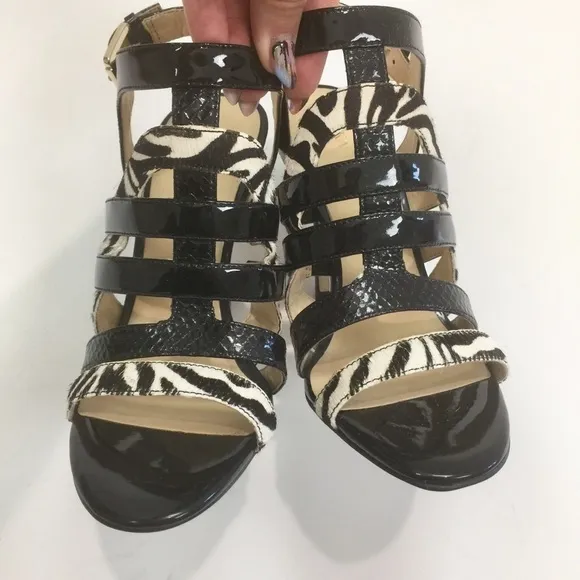 Ivanka Trump Haslets Spiked Cage Spike Heel Sandals Black/White Zebra Size 6 1/2