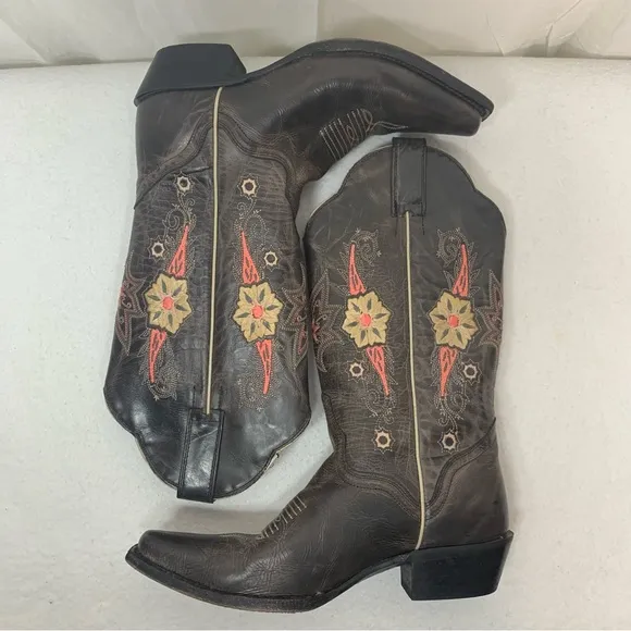 J. B. Dillon Distressed‎ Embroidered Boots Size 6.5B Dark Brown Made in Mexico