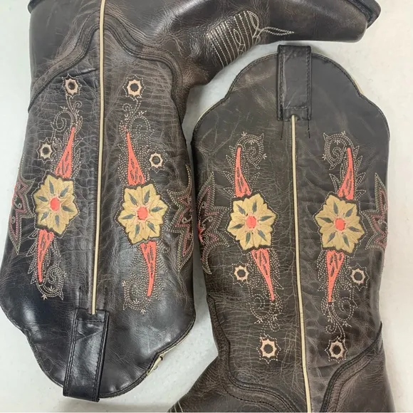 J. B. Dillon Distressed‎ Embroidered Boots Size 6.5B Dark Brown Made in Mexico