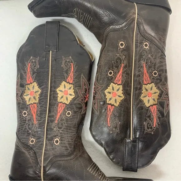 J. B. Dillon Distressed‎ Embroidered Boots Size 6.5B Dark Brown Made in Mexico