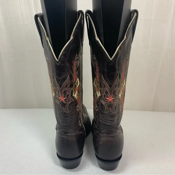 J. B. Dillon Distressed‎ Embroidered Boots Size 6.5B Dark Brown Made in Mexico