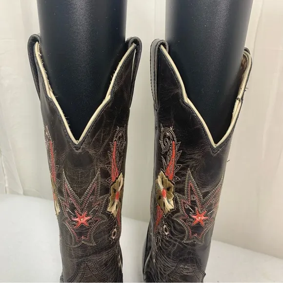 J. B. Dillon Distressed‎ Embroidered Boots Size 6.5B Dark Brown Made in Mexico