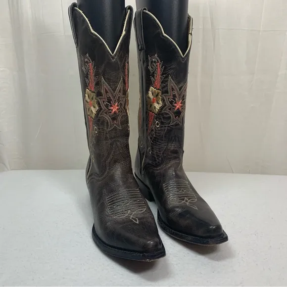 J. B. Dillon Distressed‎ Embroidered Boots Size 6.5B Dark Brown Made in Mexico