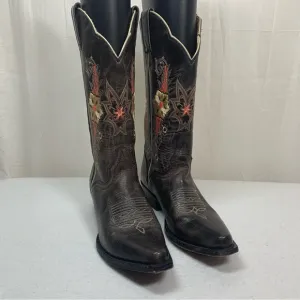 J. B. Dillon Distressed‎ Embroidered Boots Size 6.5B Dark Brown Made in Mexico