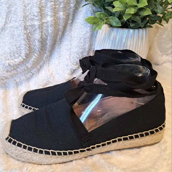J Crew Lace Up Espadrille Flats Black Cotton Canvas Jute Women's Size 8.5