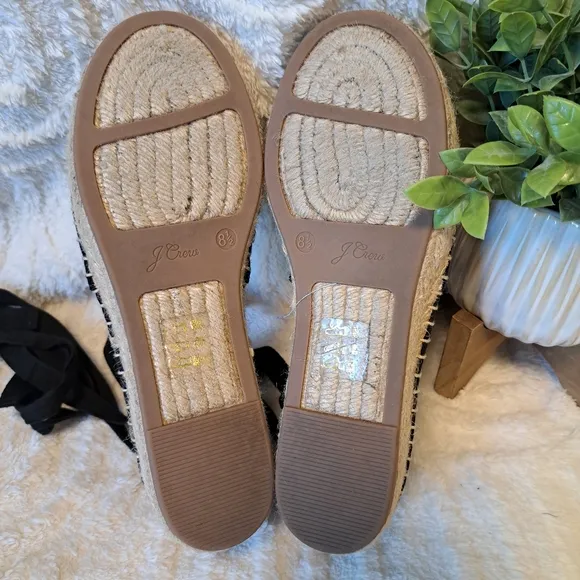 J Crew Lace Up Espadrille Flats Black Cotton Canvas Jute Women's Size 8.5