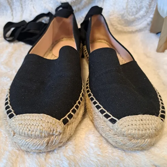 J Crew Lace Up Espadrille Flats Black Cotton Canvas Jute Women's Size 8.5