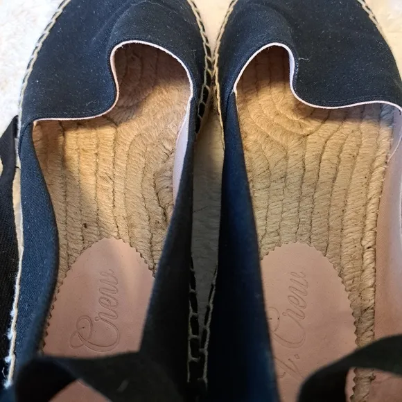 J Crew Lace Up Espadrille Flats Black Cotton Canvas Jute Women's Size 8.5