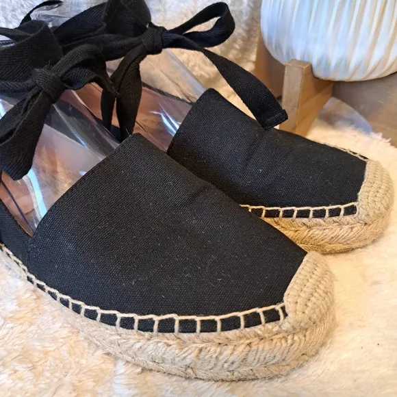 J Crew Lace Up Espadrille Flats Black Cotton Canvas Jute Women's Size 8.5