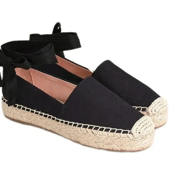J Crew Lace Up Espadrille Flats Black Cotton Canvas Jute Women's Size 8.5
