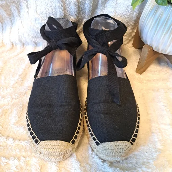J Crew Lace Up Espadrille Flats Black Cotton Canvas Jute Women's Size 8.5