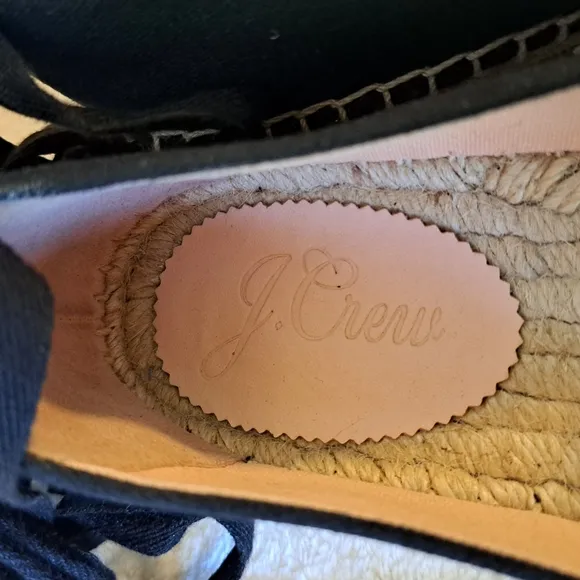 J Crew Lace Up Espadrille Flats Black Cotton Canvas Jute Women's Size 8.5