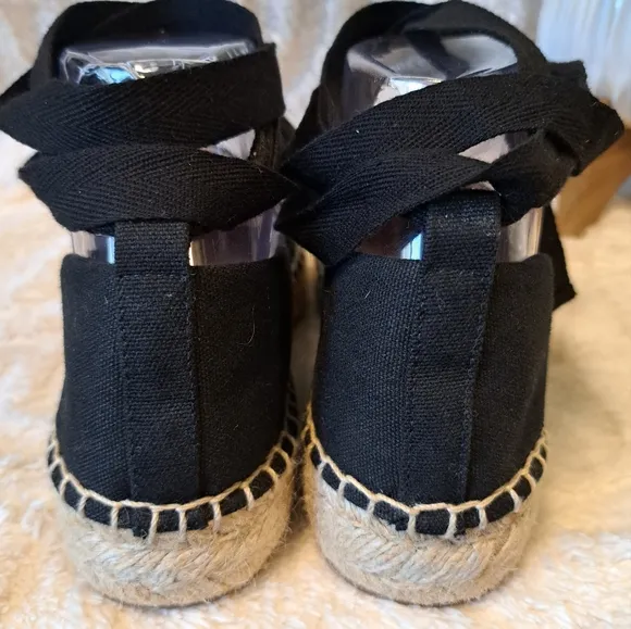 J Crew Lace Up Espadrille Flats Black Cotton Canvas Jute Women's Size 8.5
