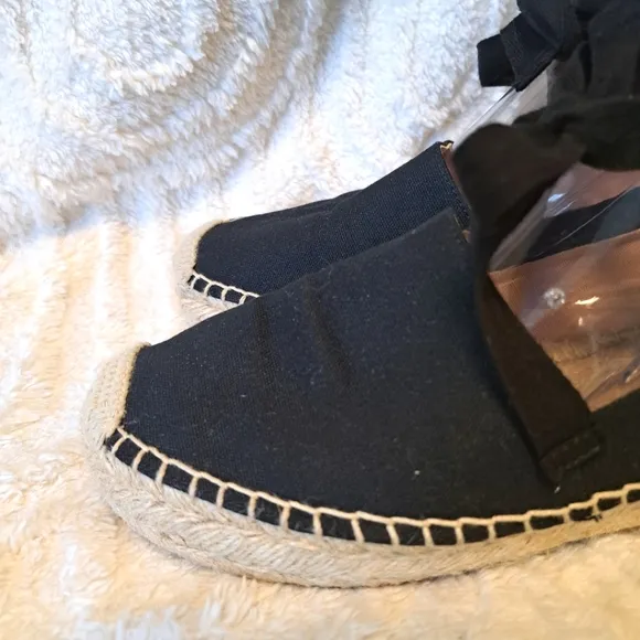 J Crew Lace Up Espadrille Flats Black Cotton Canvas Jute Women's Size 8.5
