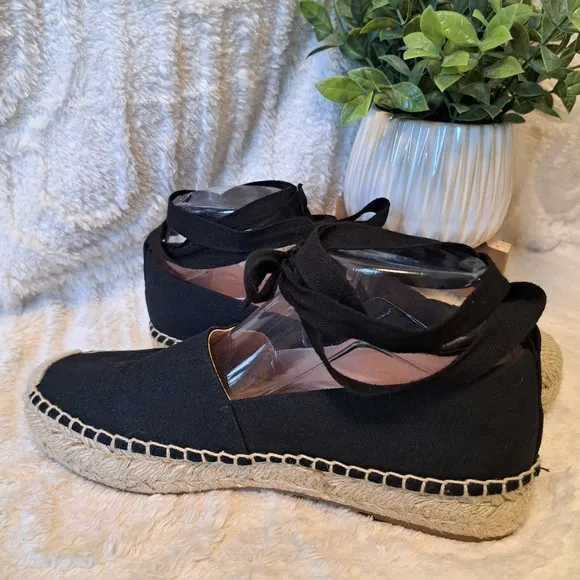 J Crew Lace Up Espadrille Flats Black Cotton Canvas Jute Women's Size 8.5