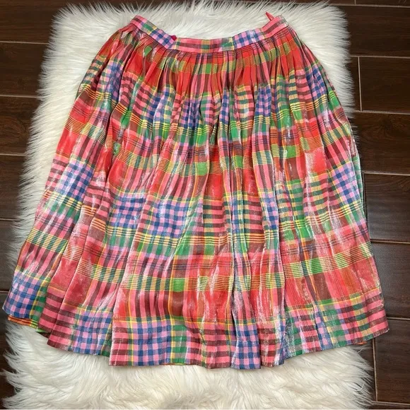 J. Crew Pleated Midi Skirt Shimmering Madras Plaid Size 14 Preppy Classic Pink
