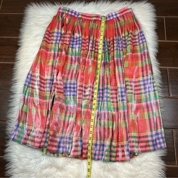 J. Crew Pleated Midi Skirt Shimmering Madras Plaid Size 14 Preppy Classic Pink
